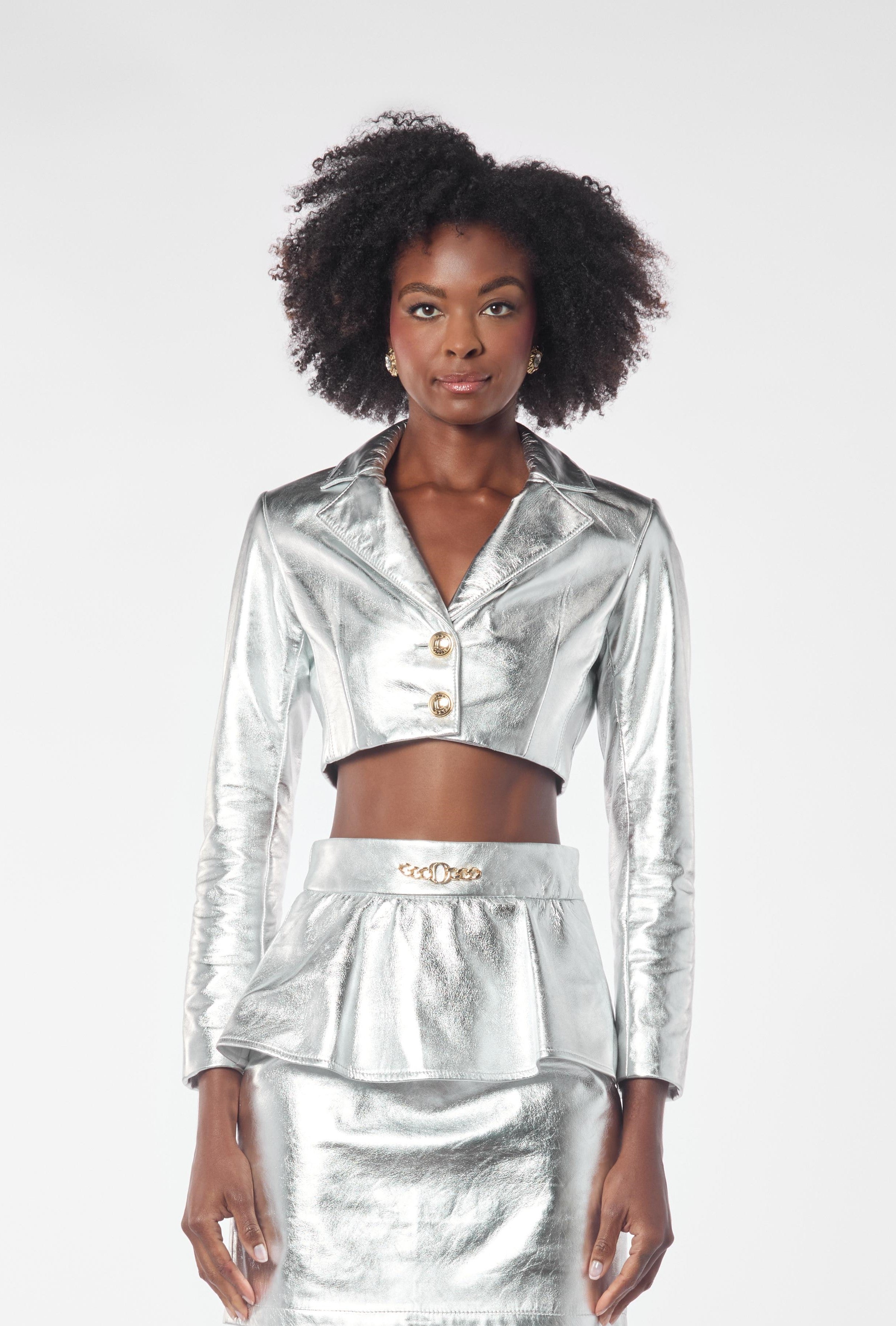 Silver Metallic Lambskin Leather Crop Jacket