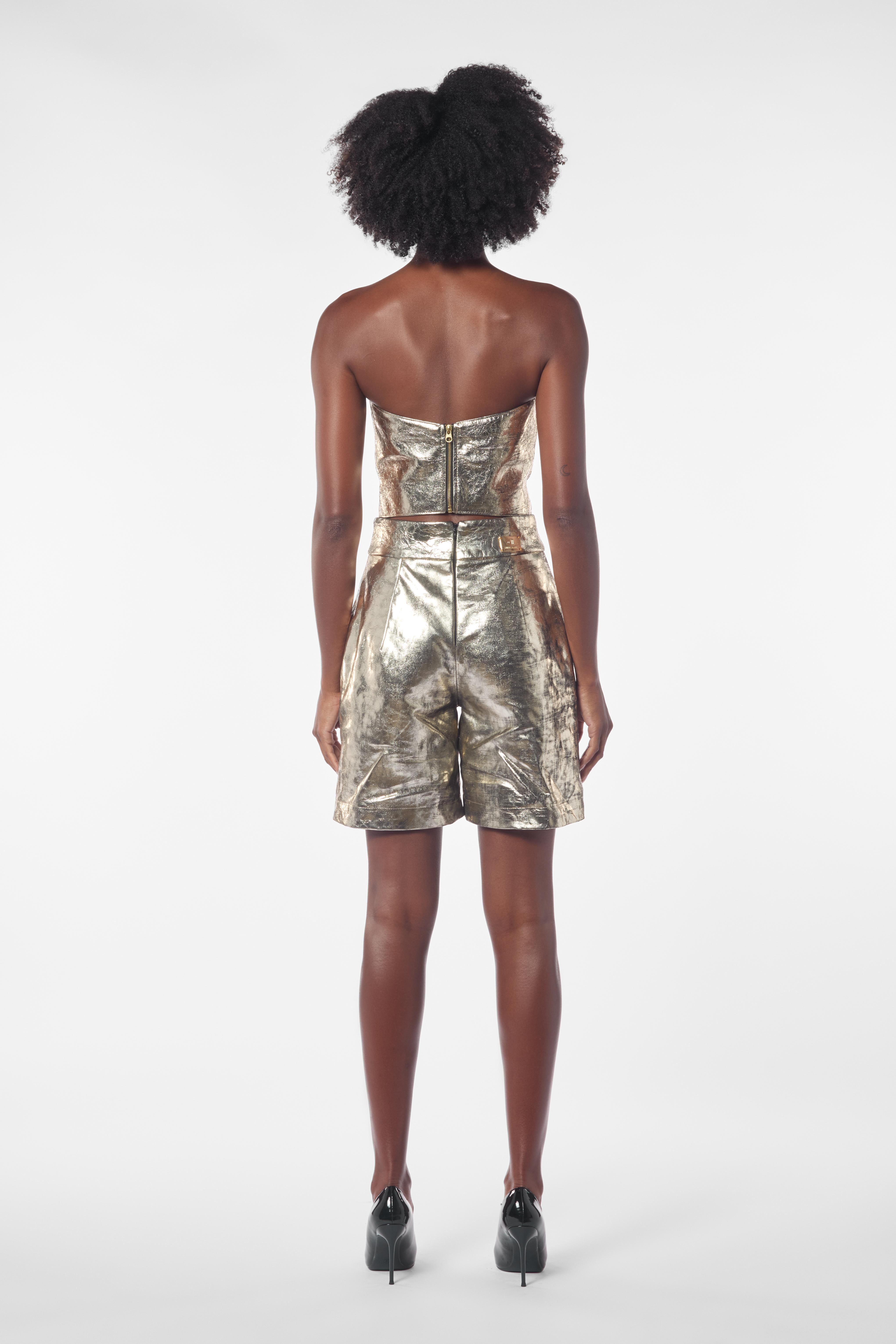 Gold Metallic Lambskin Leather Bermuda Shorts