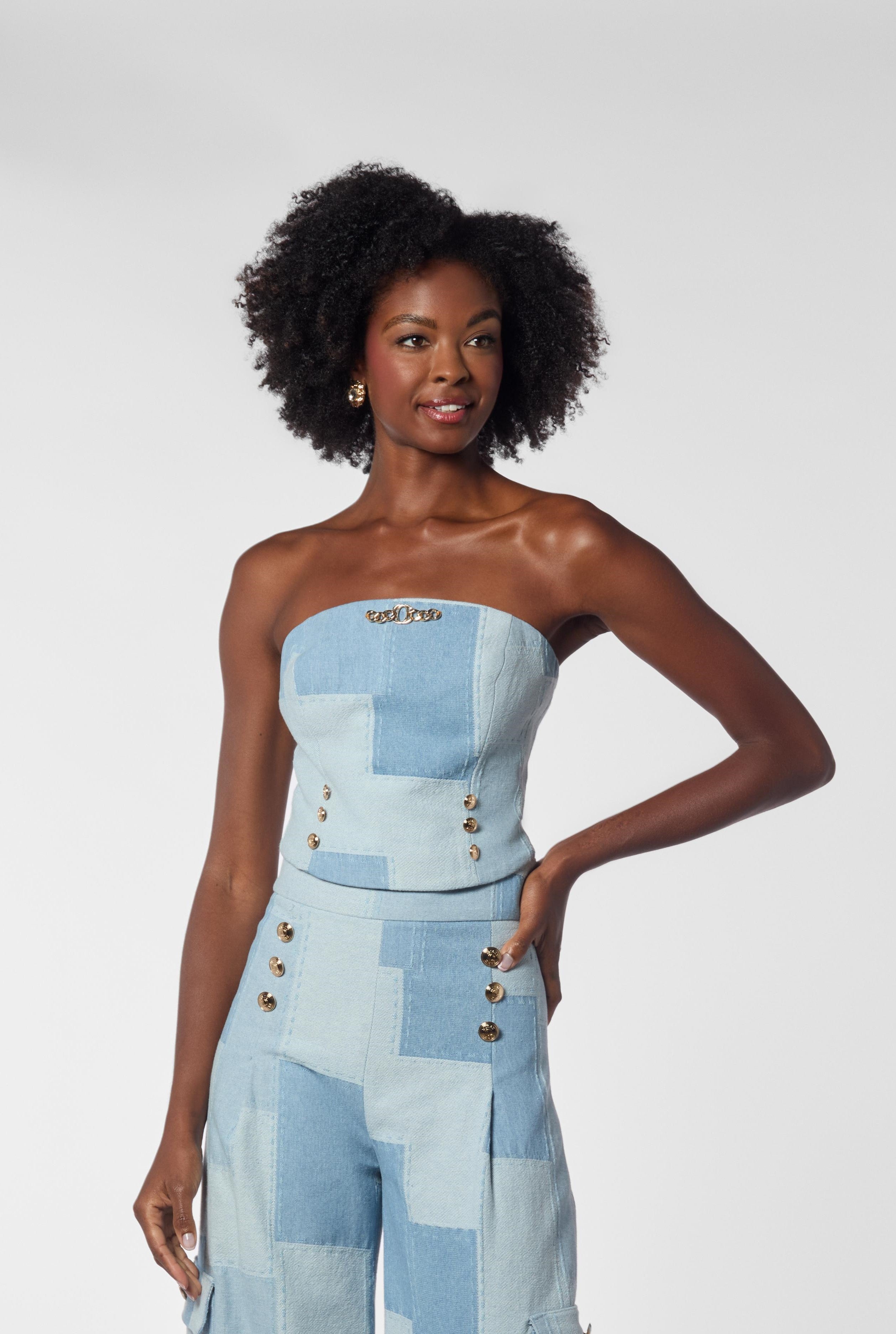 Light Wash Patchwork Denim Strapless Bustier