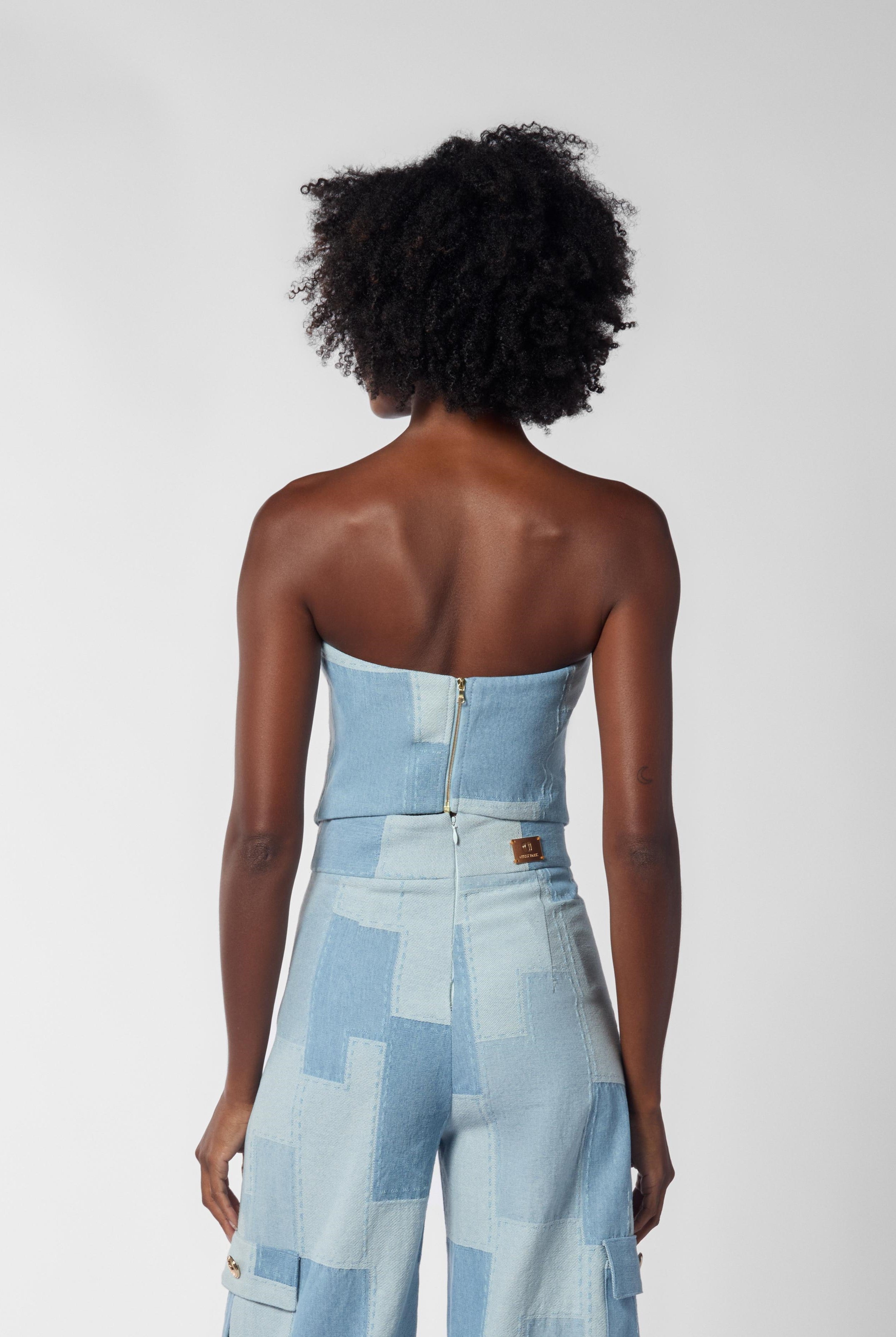 Light Wash Patchwork Denim Strapless Bustier