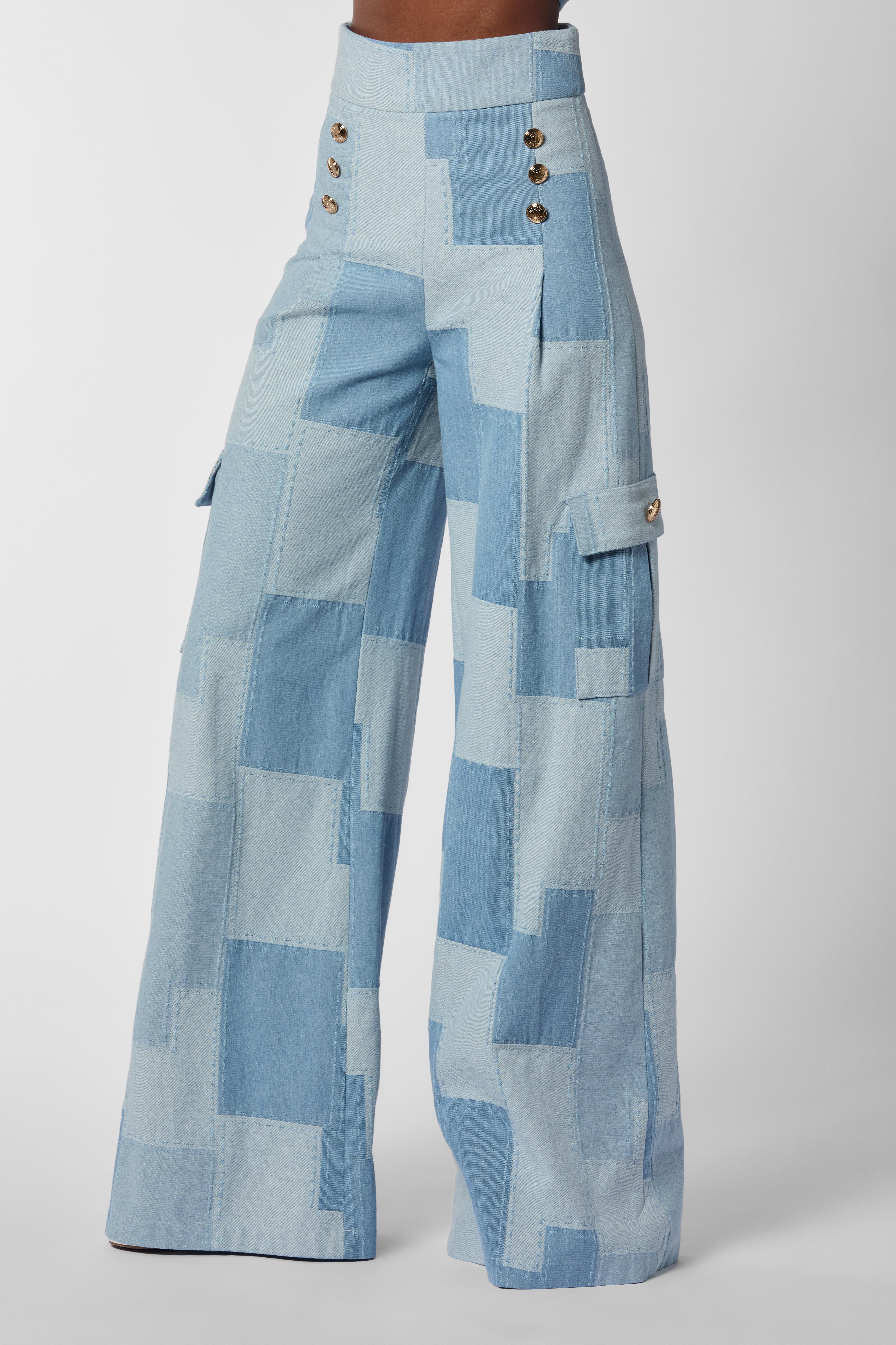 Light Wash Denim Patchwork High-Waisted Wide-Leg Pants