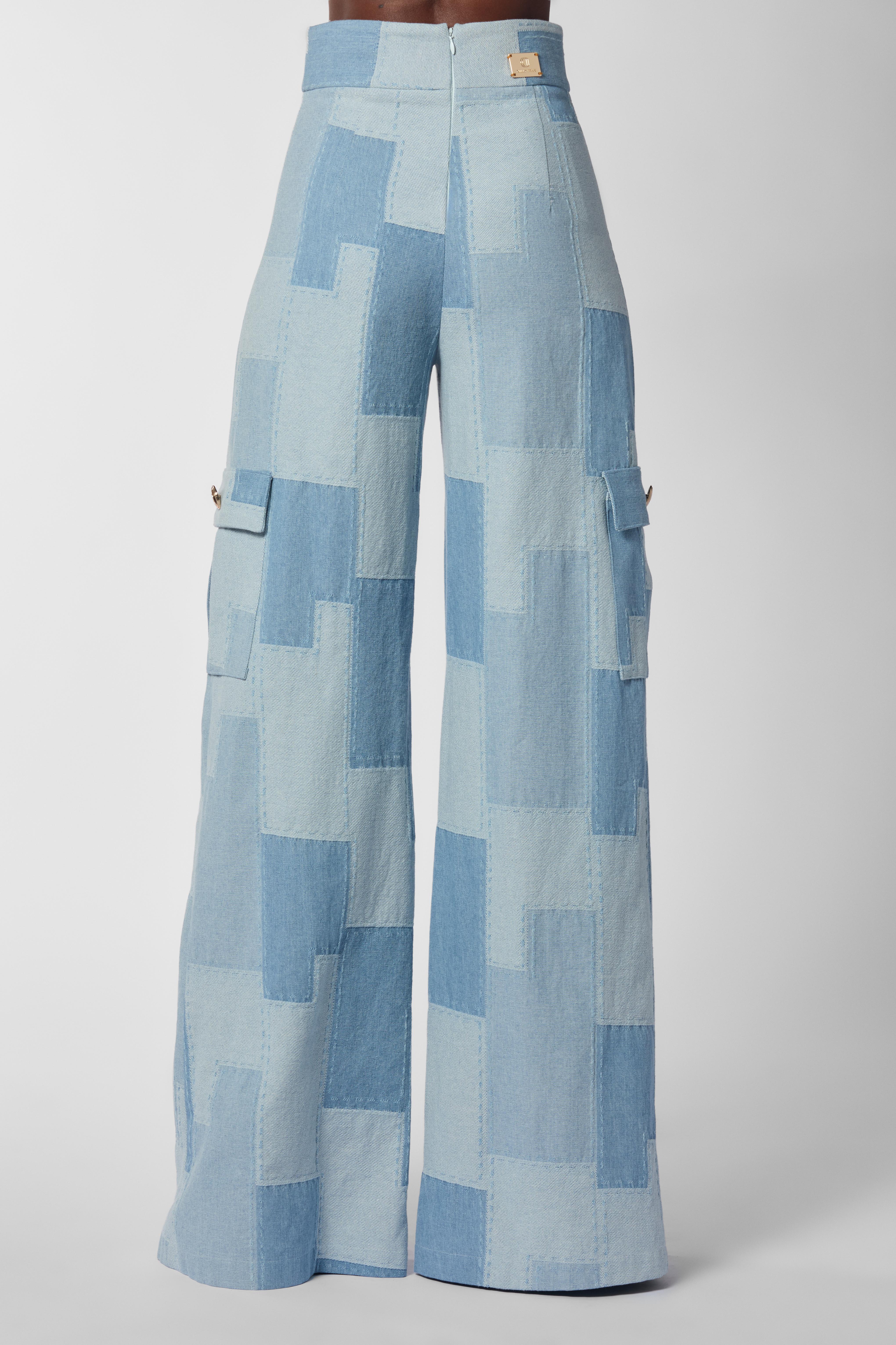 Light Wash Denim Patchwork High-Waisted Wide-Leg Pants