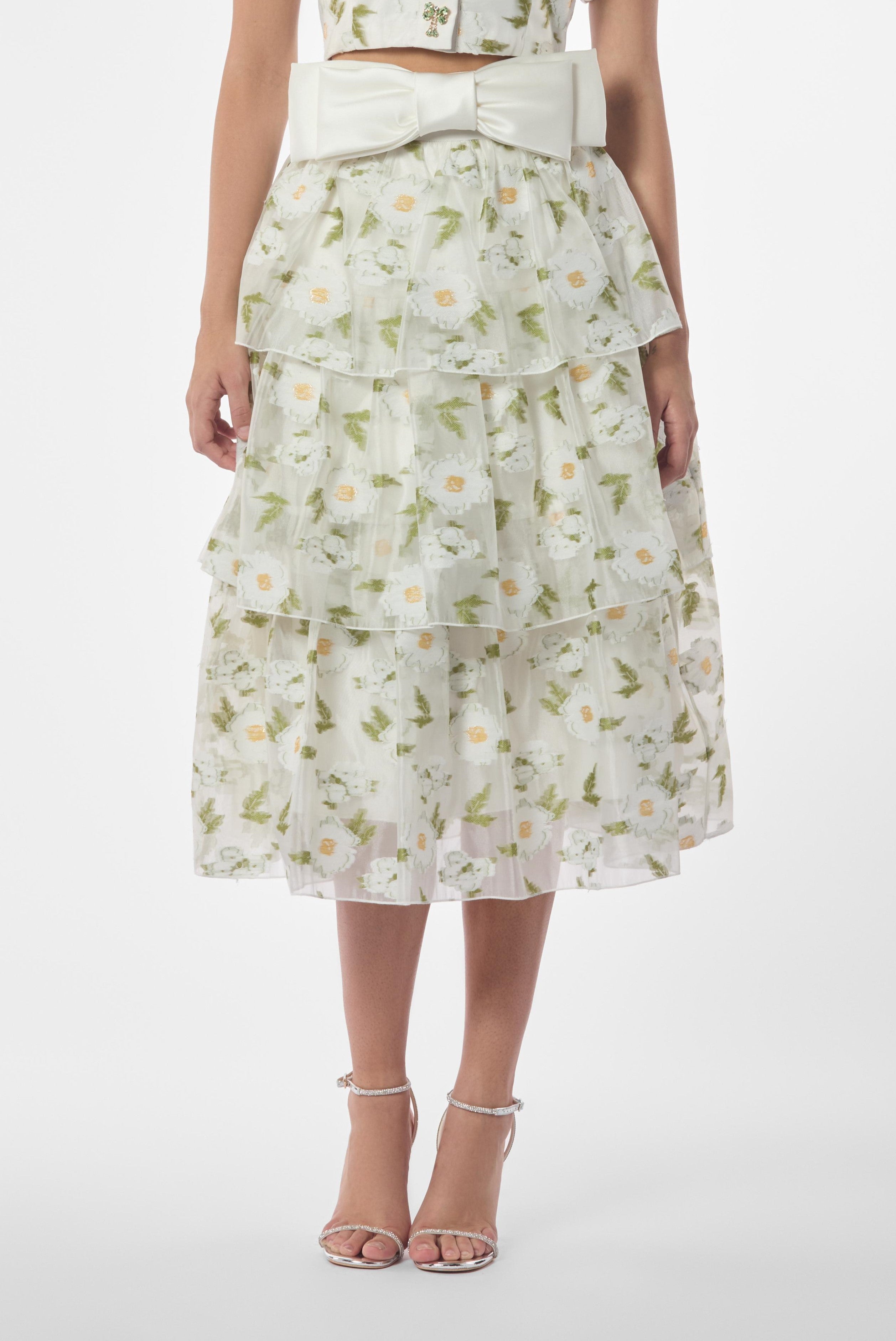 Embroidered Daisy Ruffle Layered Midi Skirt