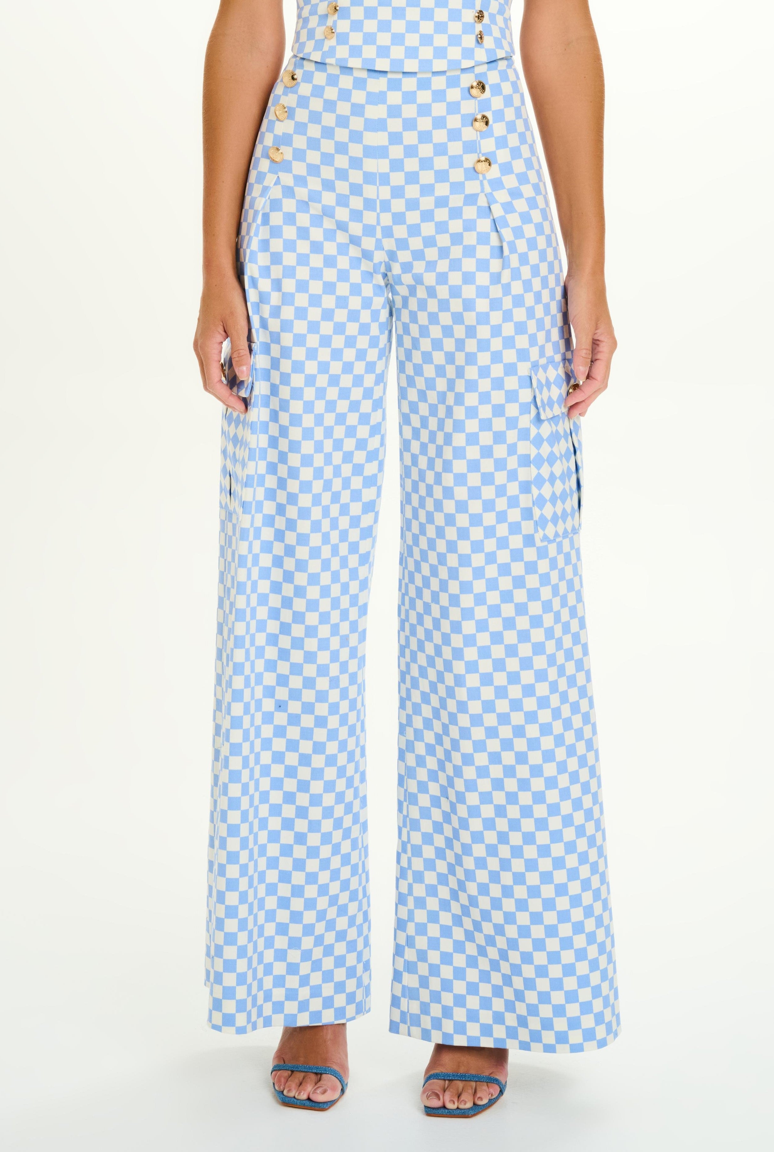 Checker Denim High-Waisted Wide-leg Pants