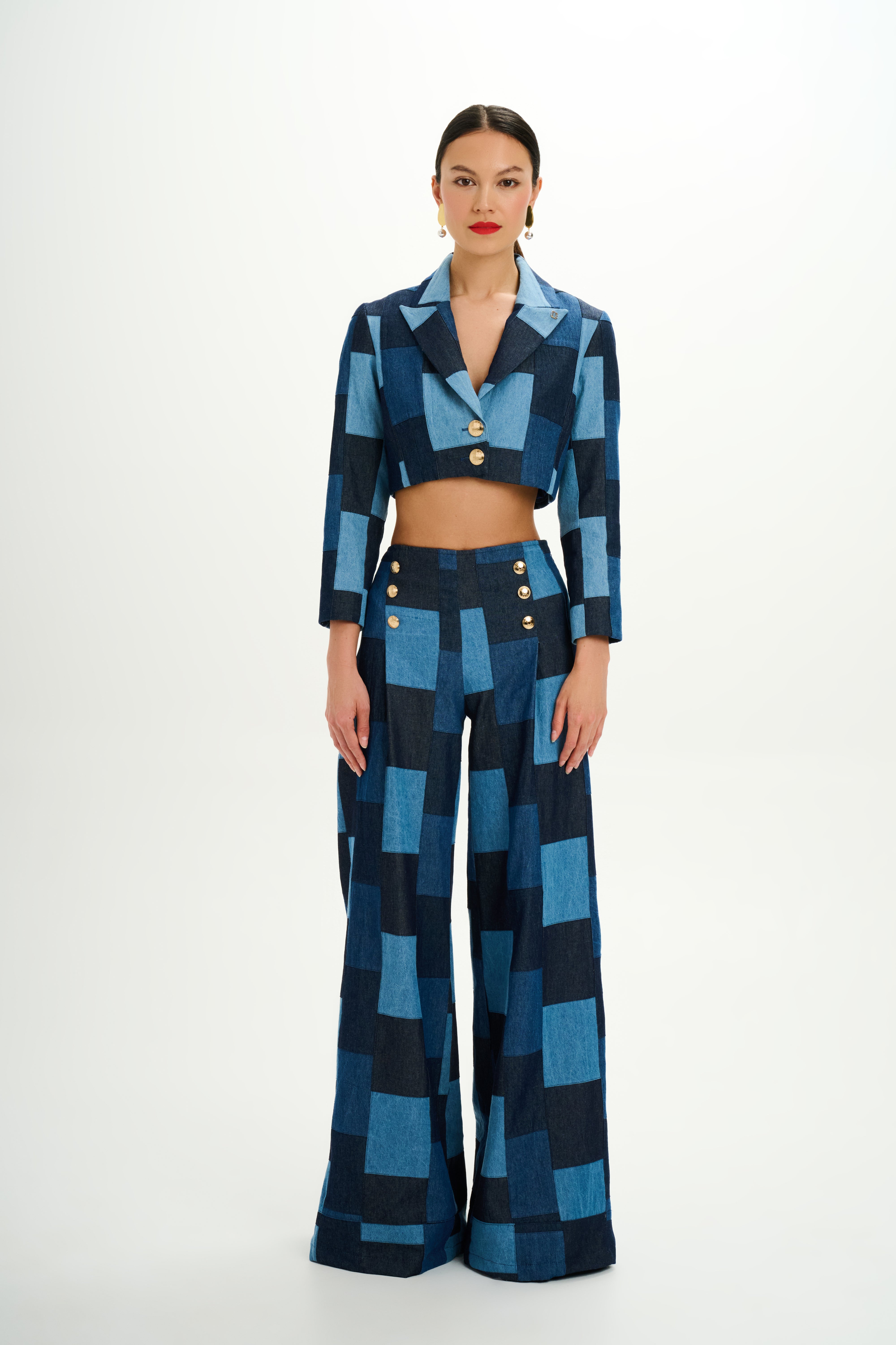 Patch Work Denim High-waisted Wide-Leg Pants