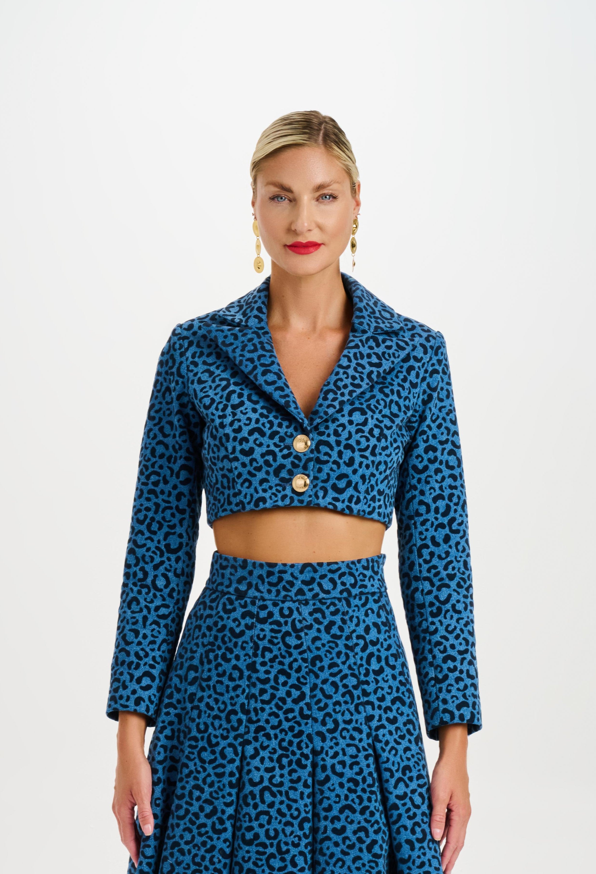 Velvet Animal Print Denim Crop Jacket