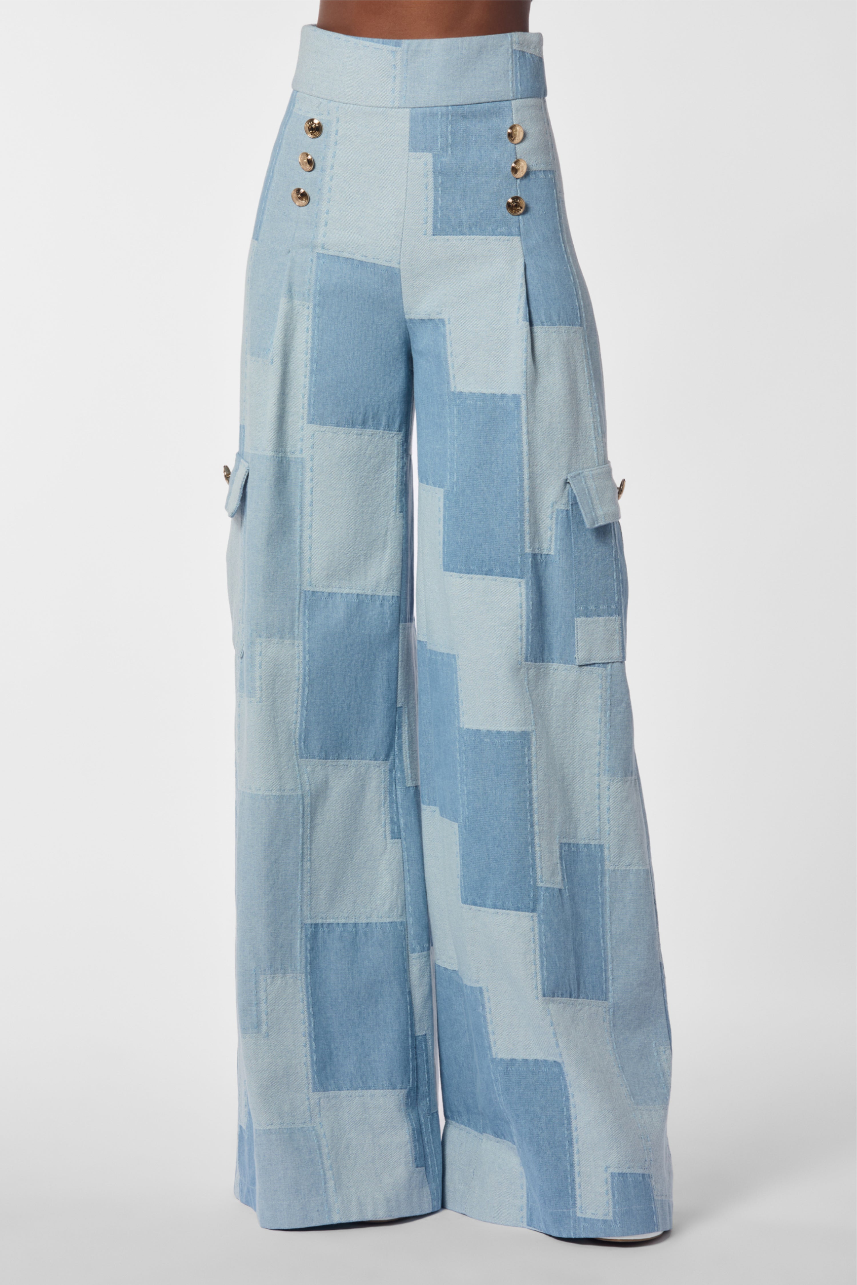 Light Wash Denim Patchwork High-Waisted Wide-Leg Pants