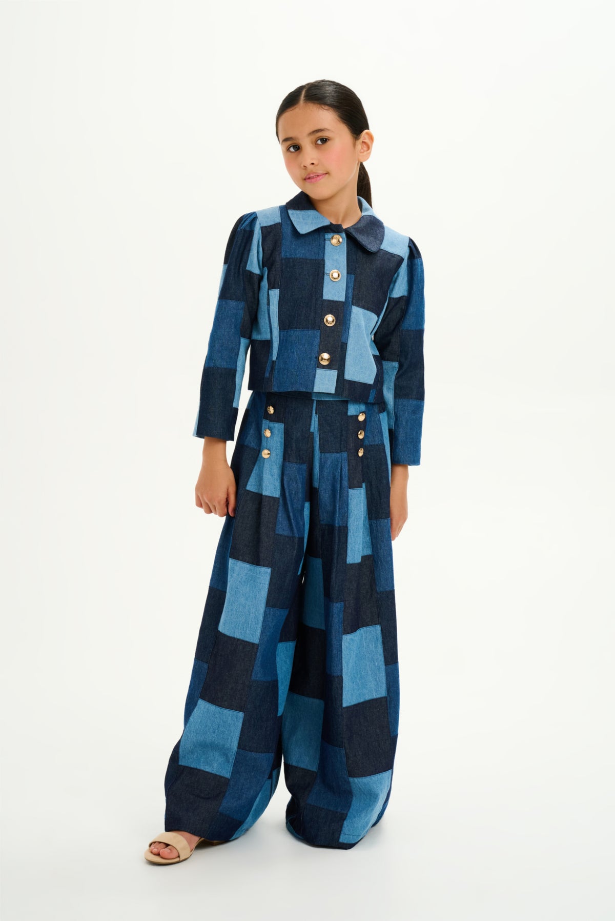 denim wide-leg casual patchwork python pants | wide... Patchwork Denim High Waisted Wide Leg Pants