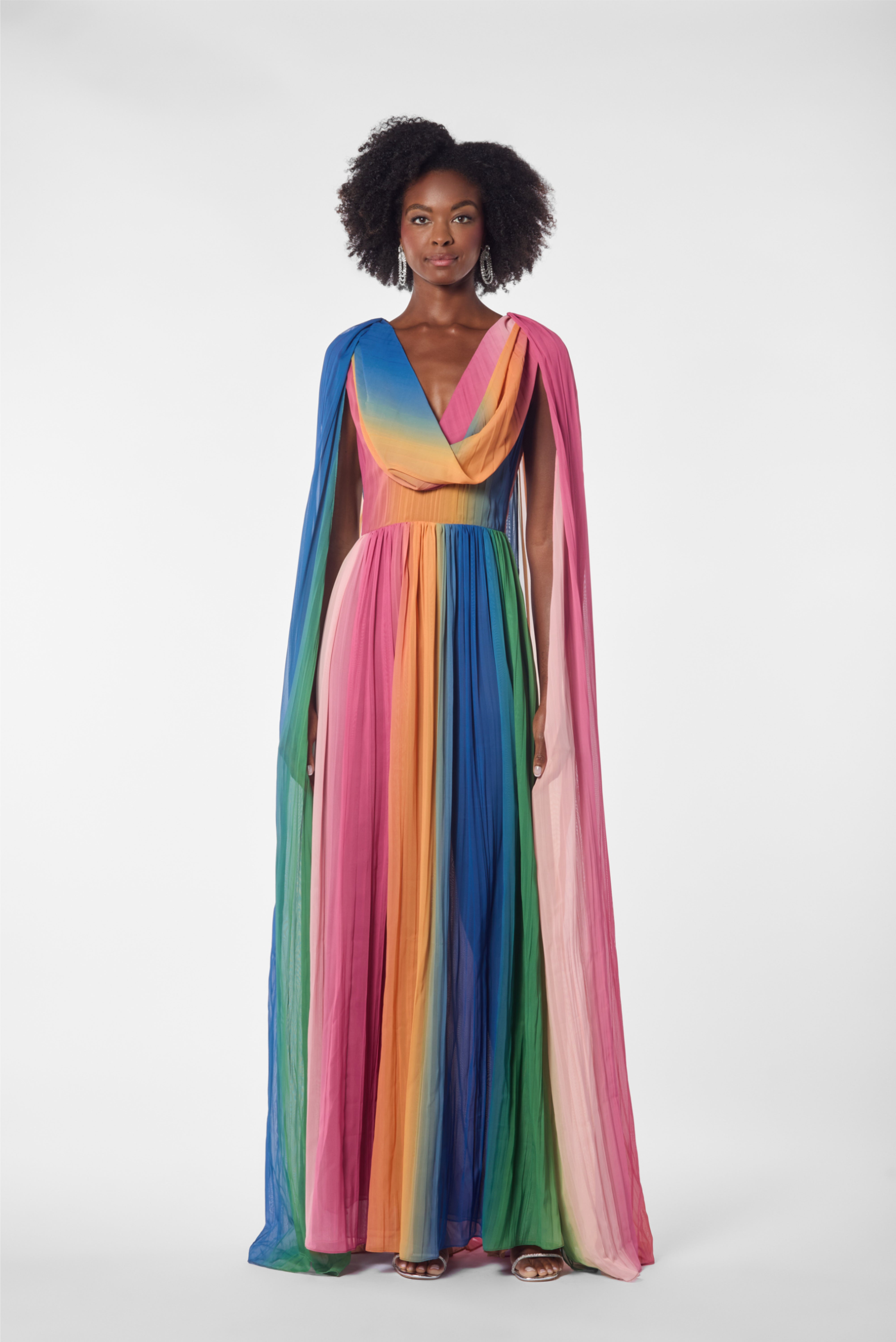 Ombre Pleated Chiffon Cape Back Kaftan Gown