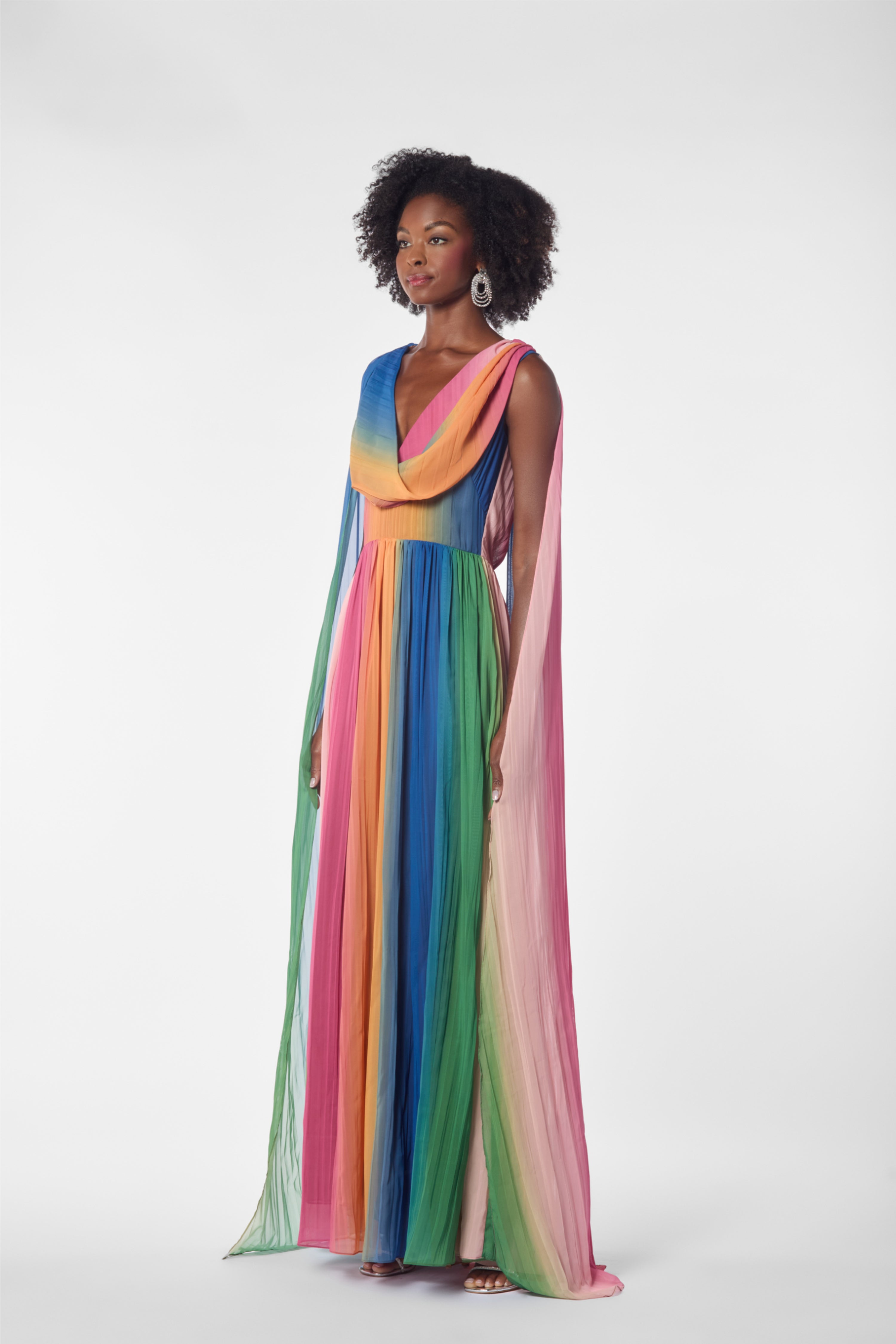 Ombre Pleated Chiffon Cape Back Kaftan Gown