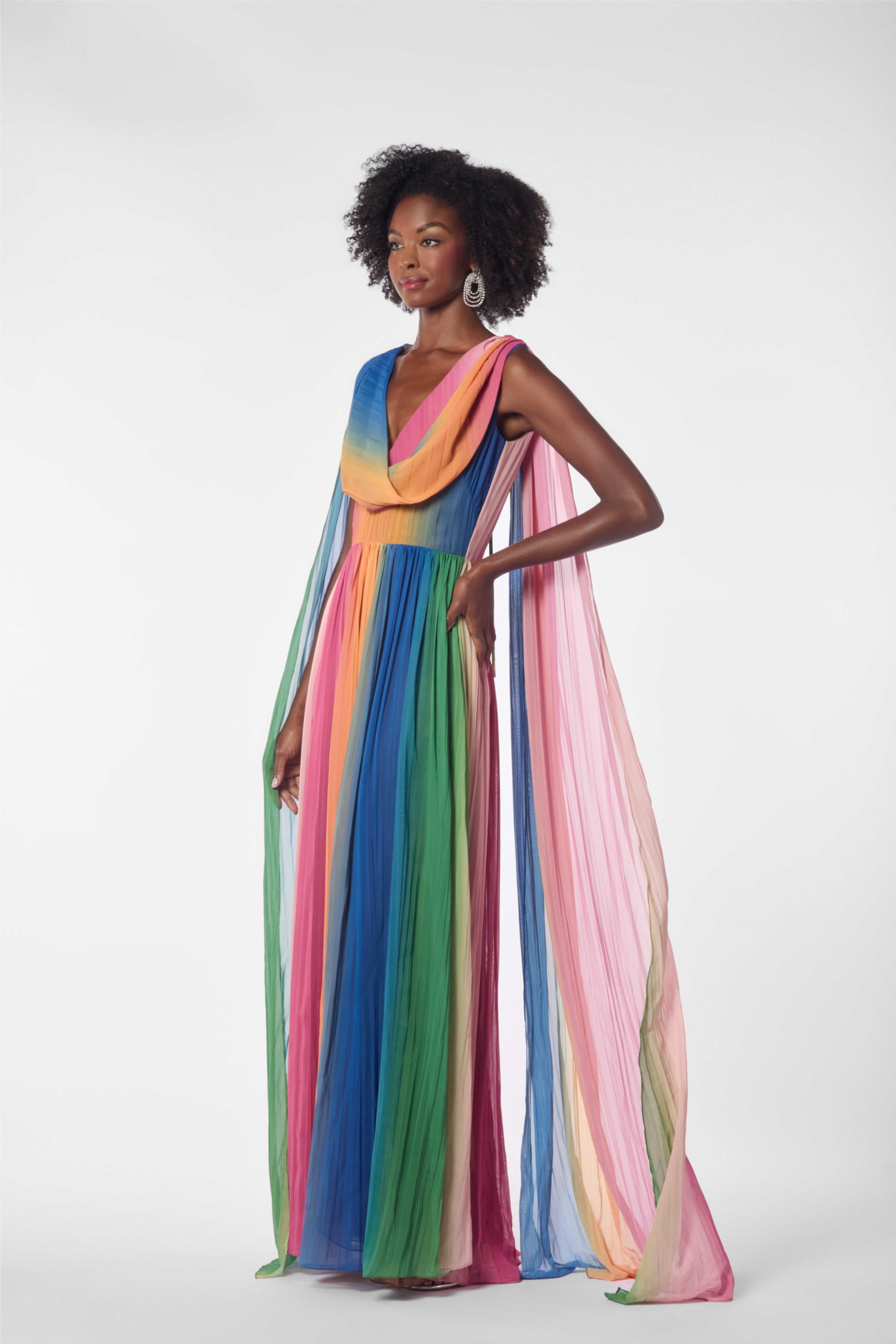 Ombre Pleated Chiffon Cape Back Kaftan Gown