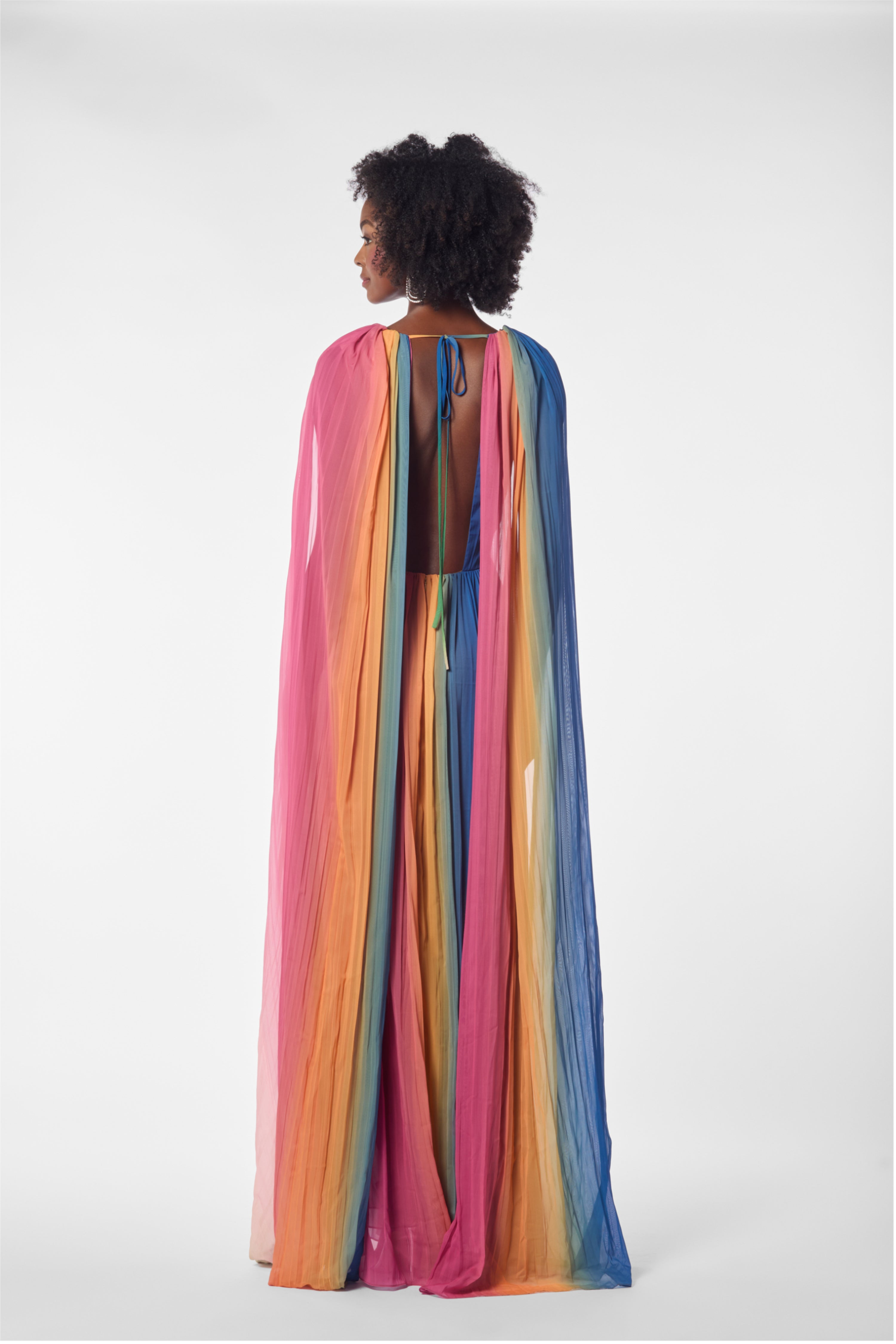 Ombre Pleated Chiffon Cape Back Kaftan Gown