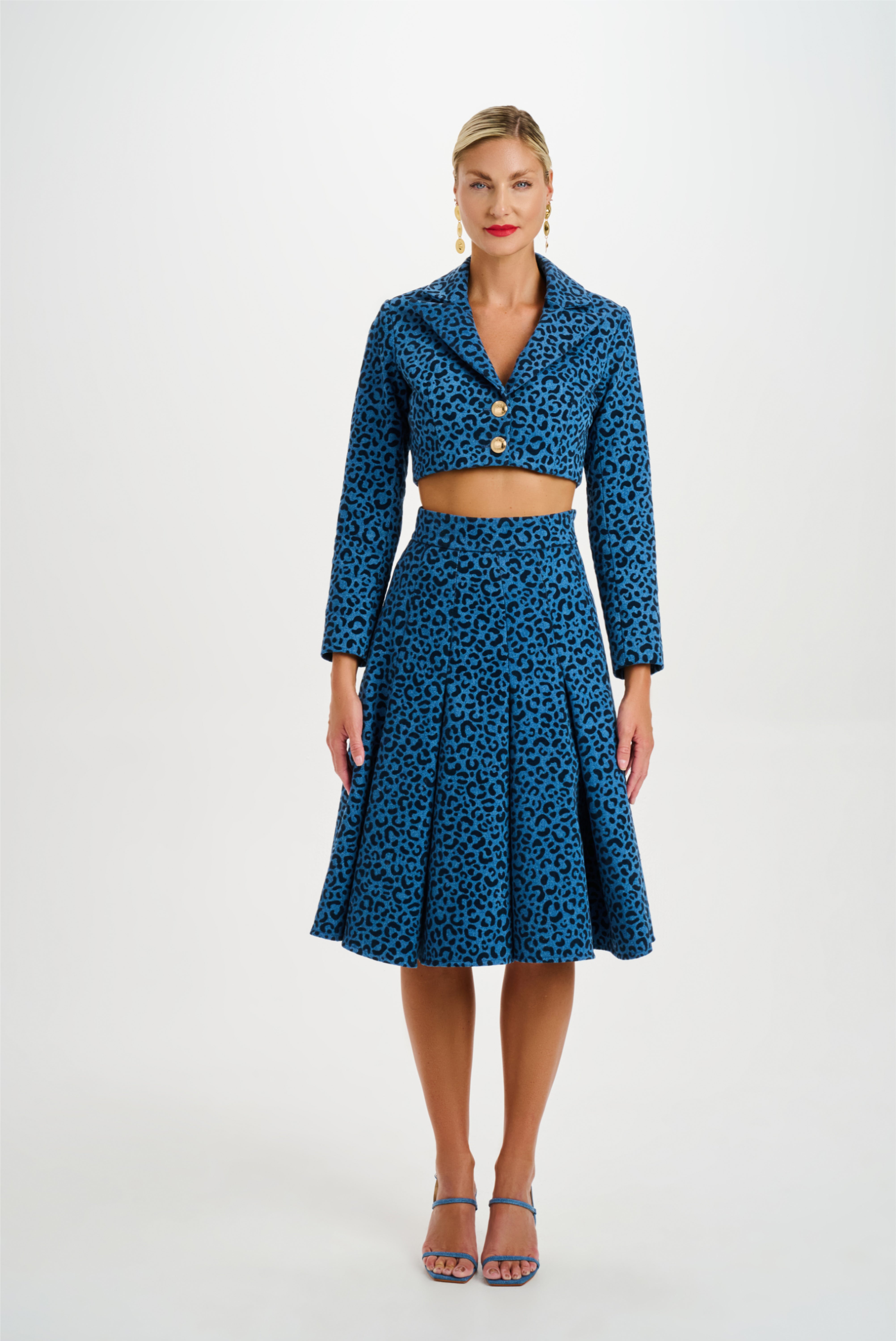 Velvet Animal Print Denim Pleated Skirt