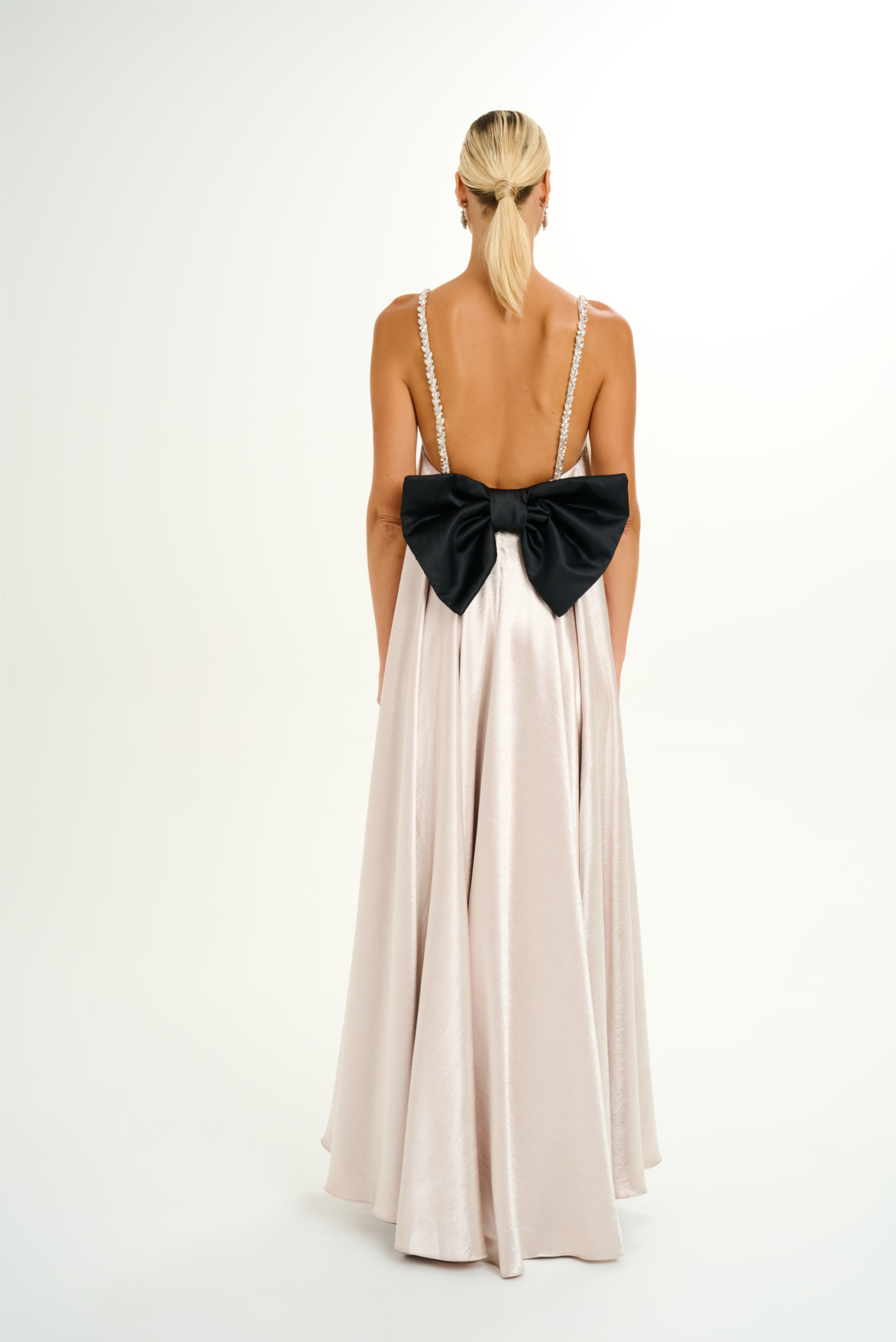 Big Bow Crystal Straps Backless Satin Gown