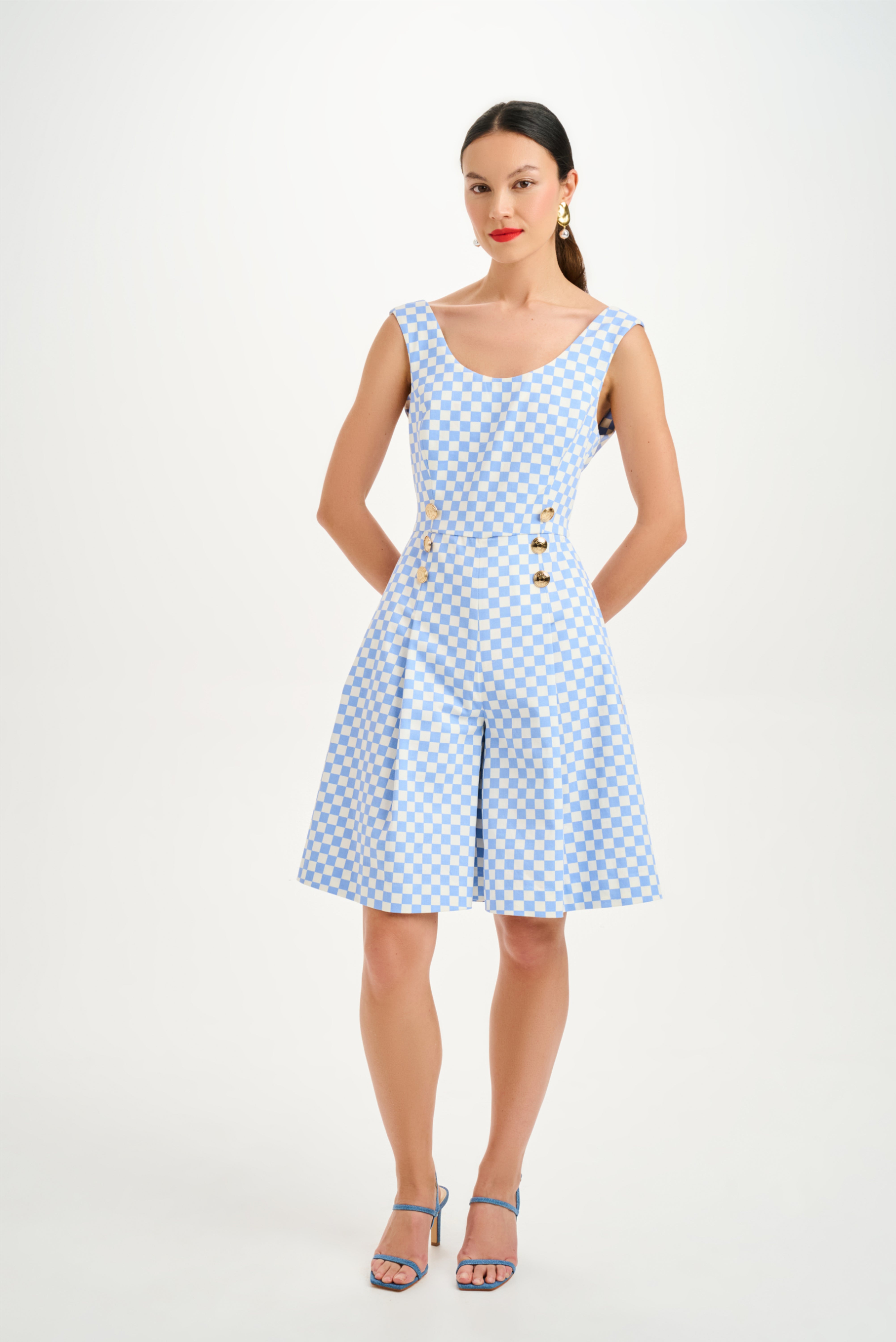 Checker Denim Culottes Jumpsuit