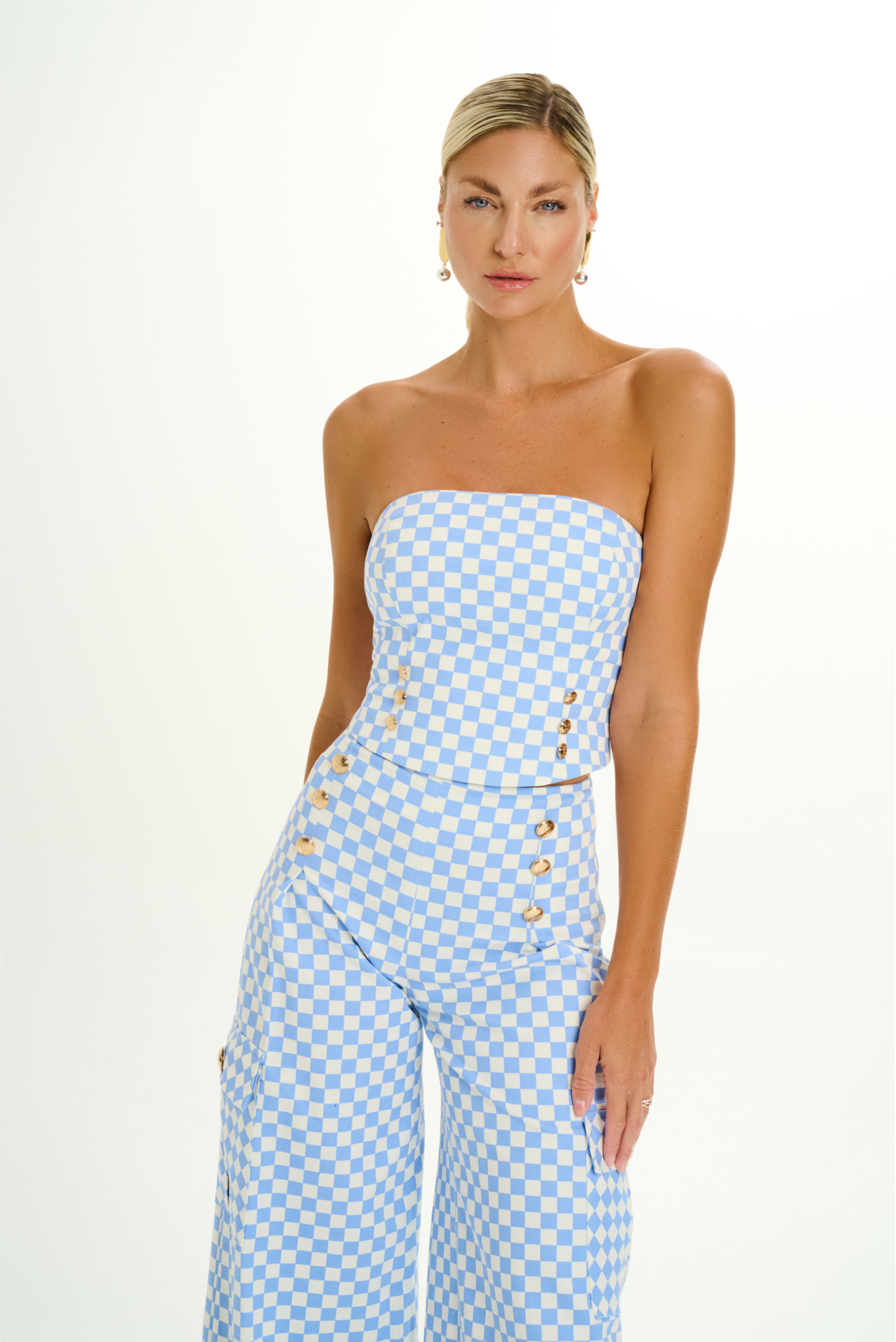 Checker Denim Strapless Bustier top