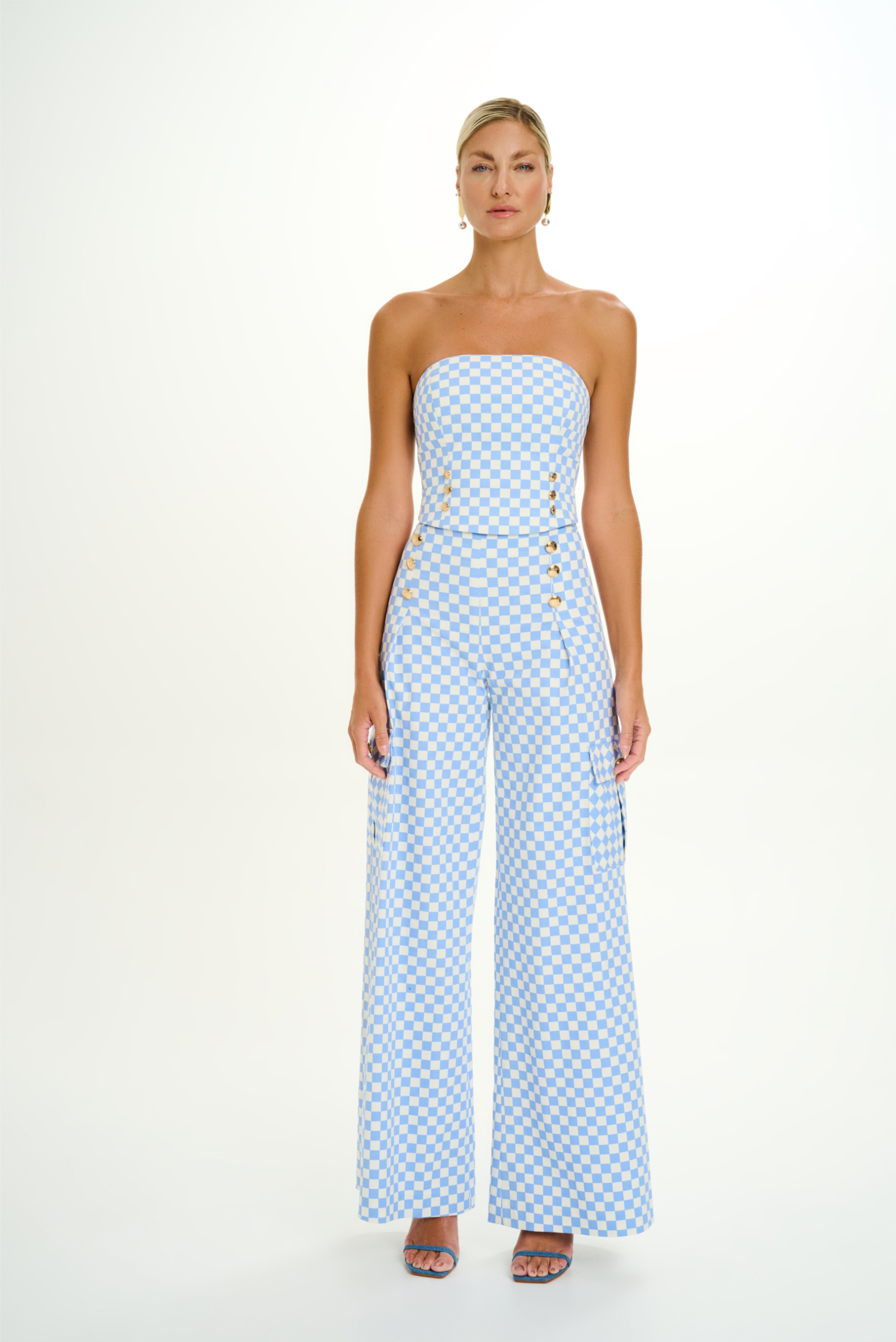 Checker Denim High-Waisted Wide-leg Pants