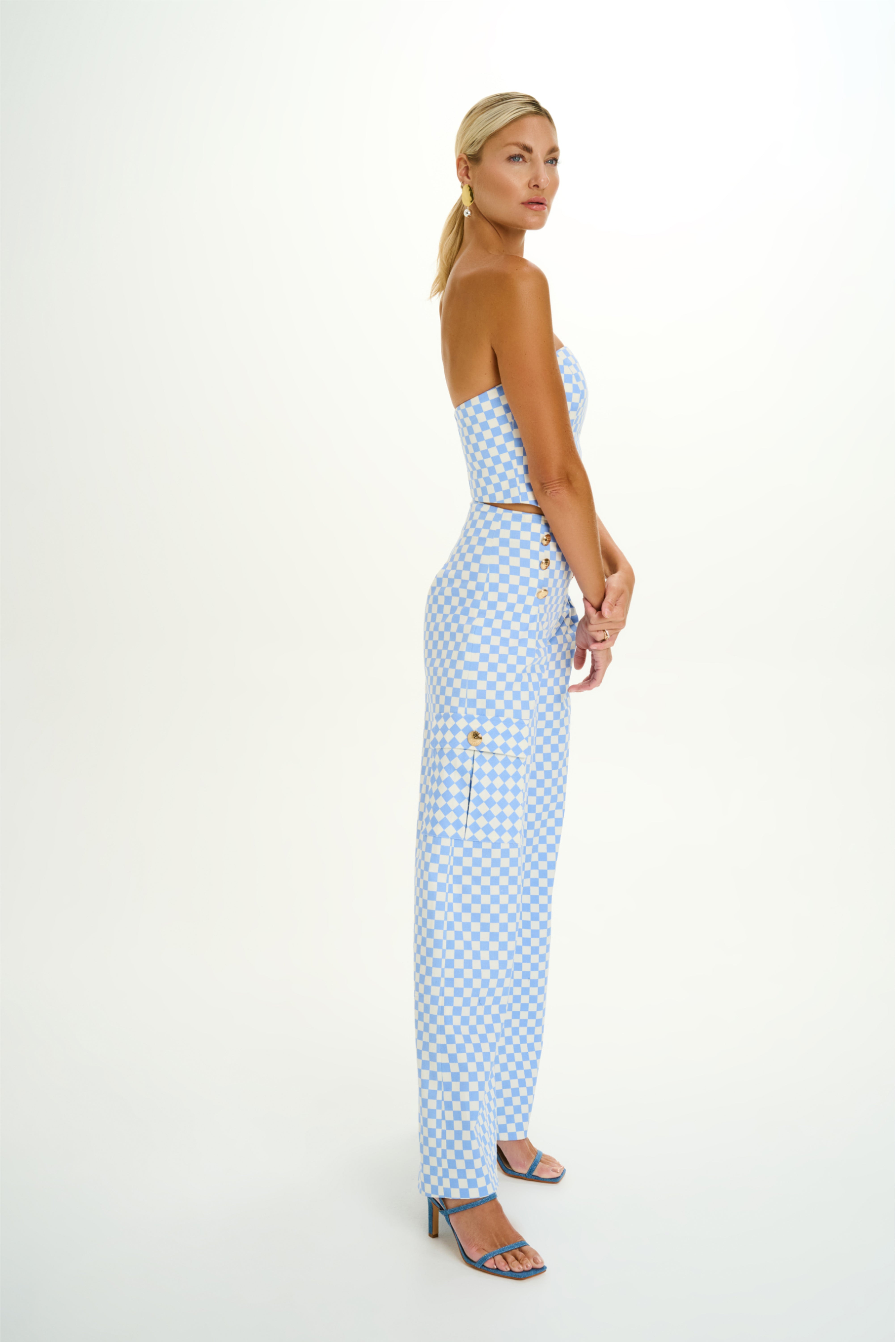 Checker Denim High-Waisted Wide-leg Pants