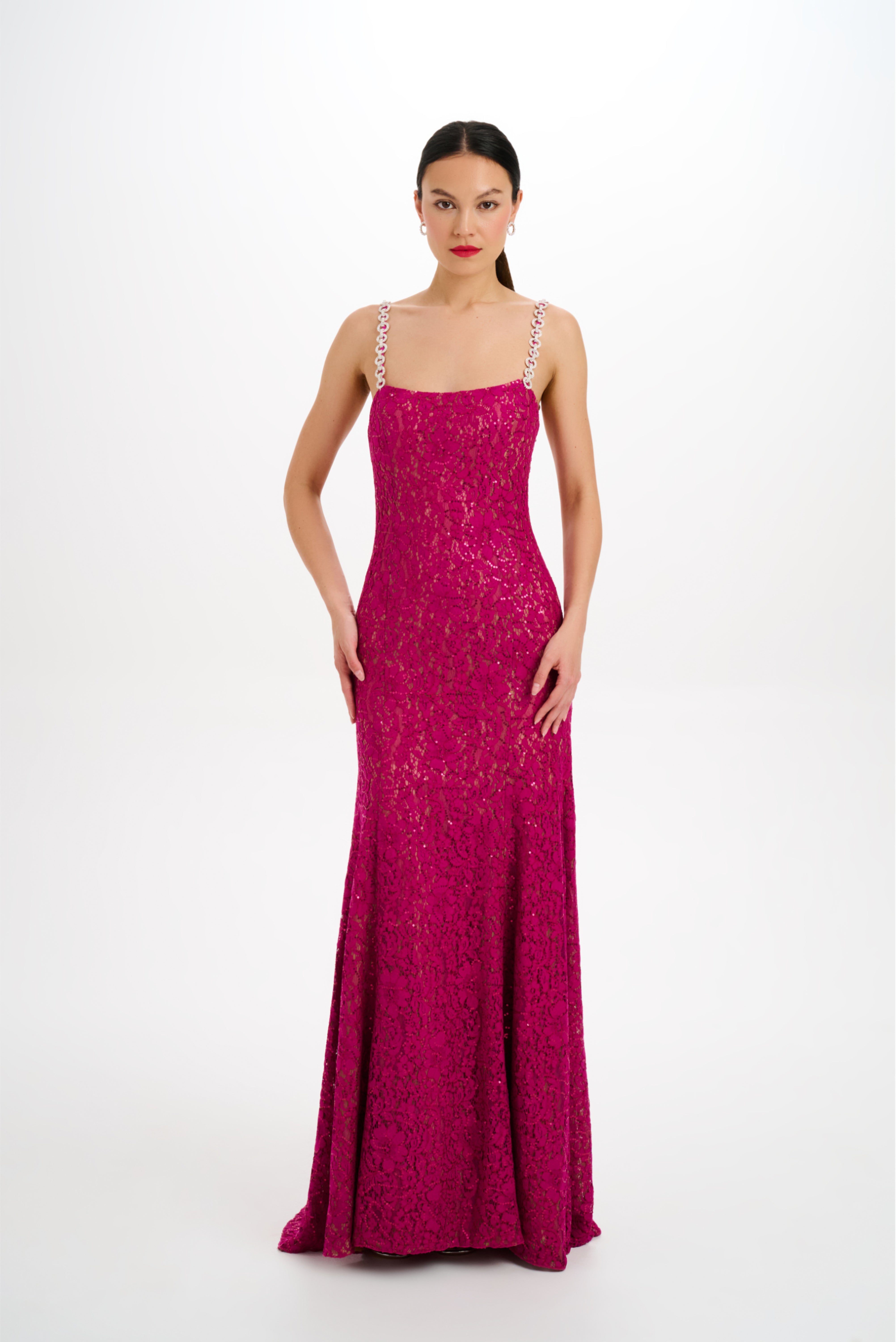 Crystal Straps Embroidered Sequin Lace Gown