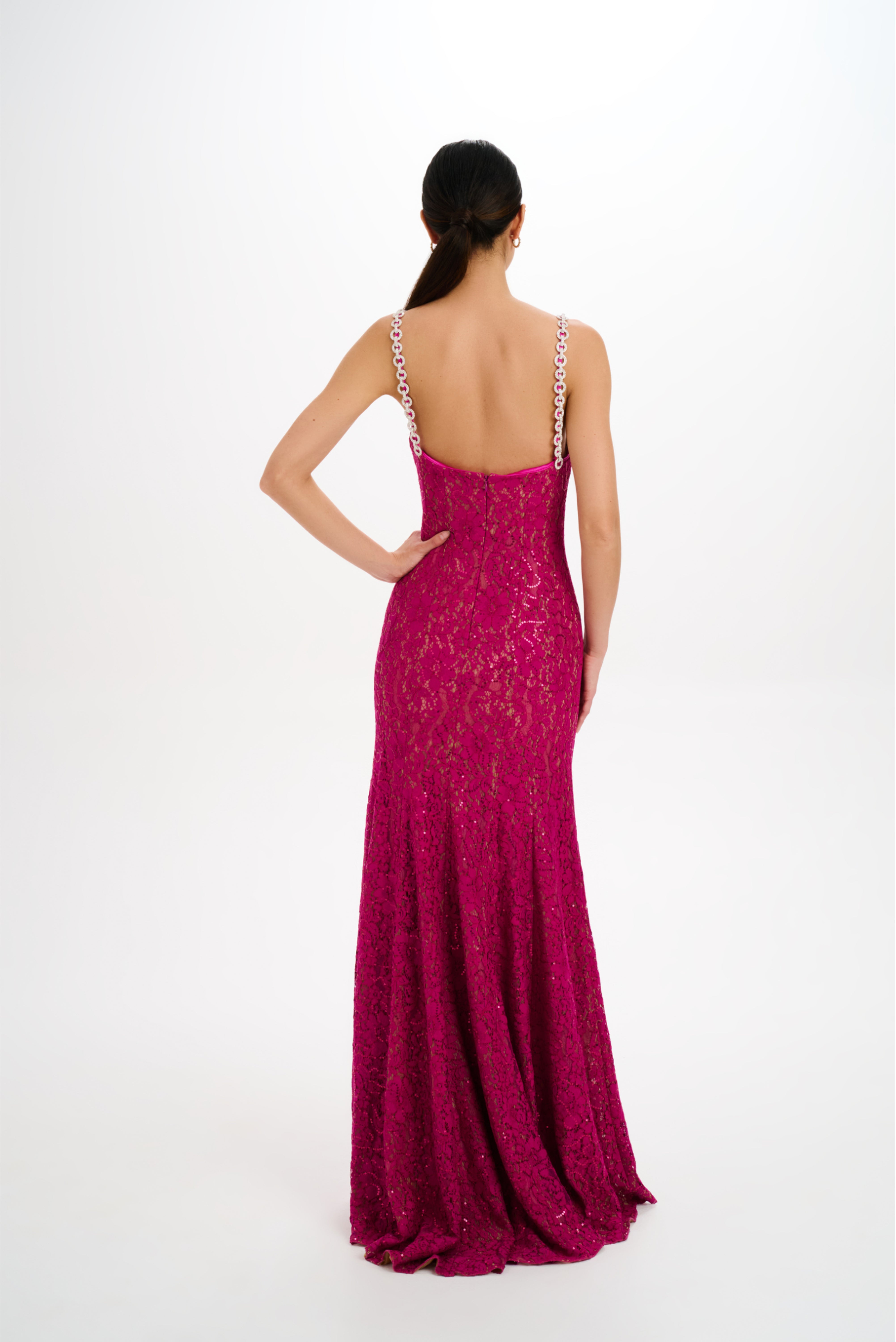 Crystal Straps Embroidered Sequin Lace Gown