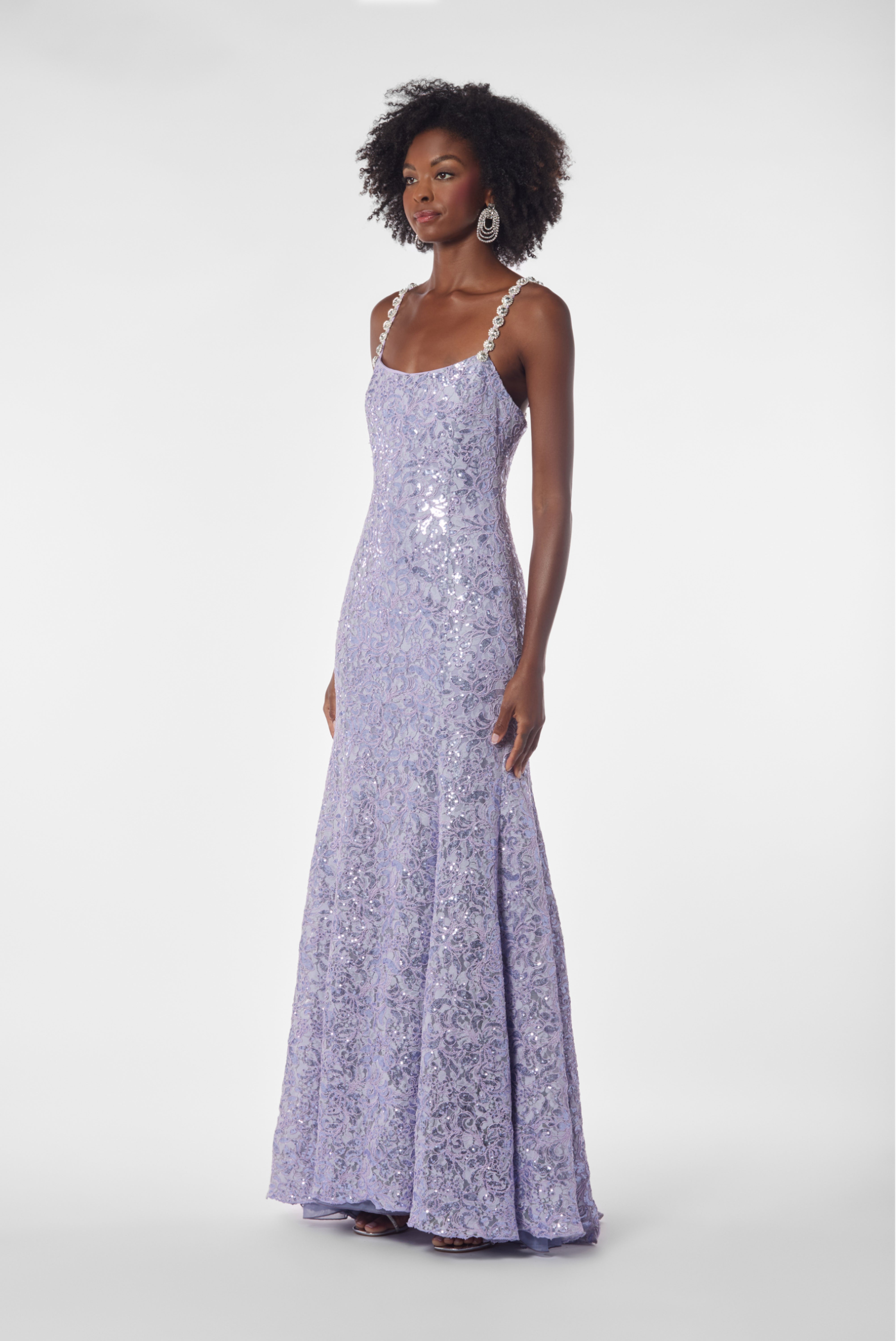 Crystals Straps Embroidered Sequins Lace Gown