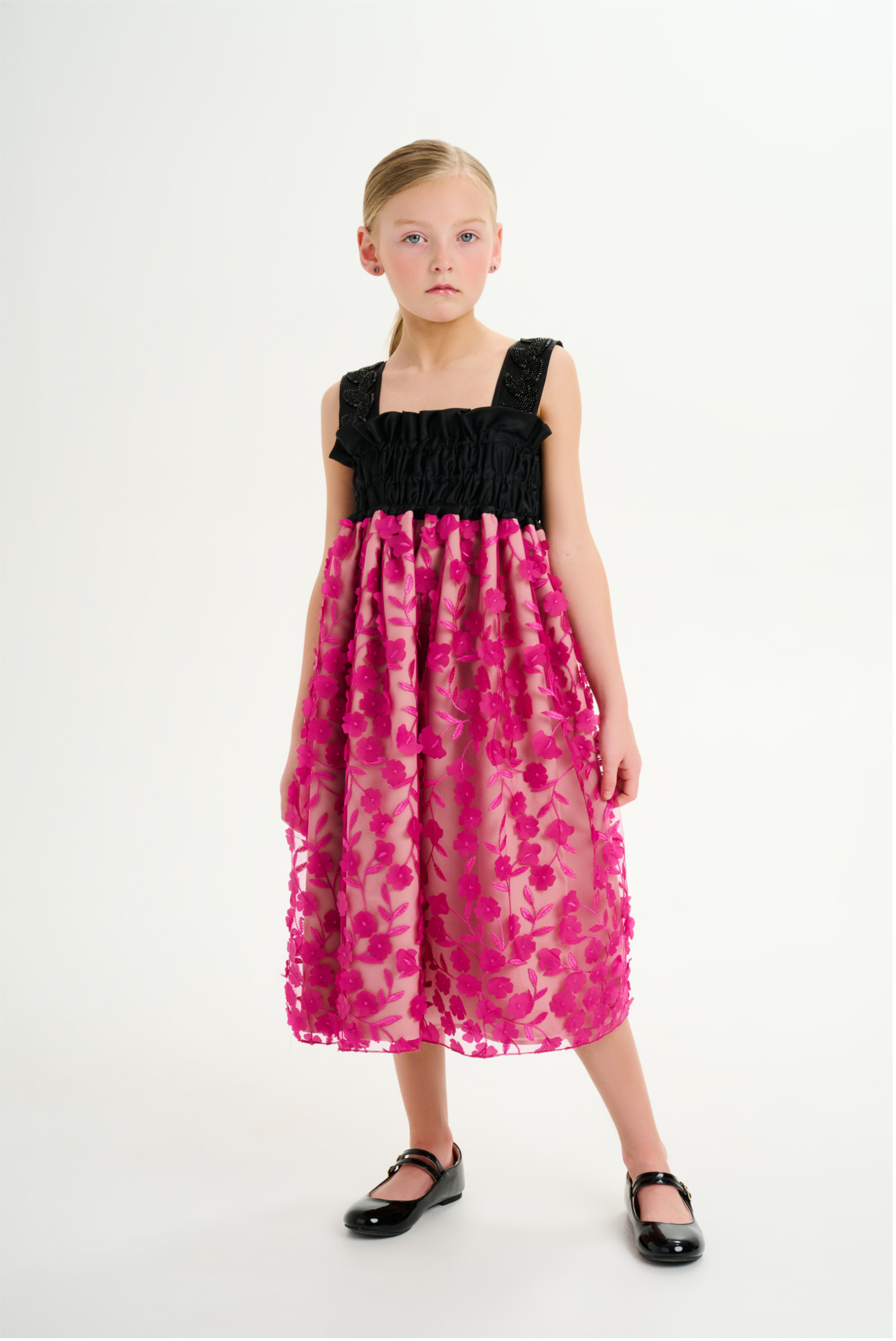 Embroidered 3D Fuchsia Flower Dress